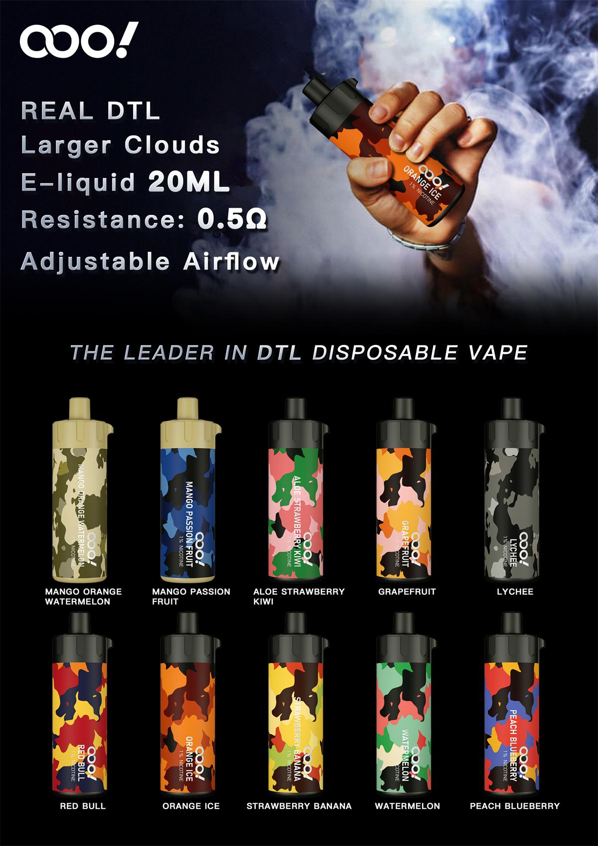 OOO DL DTL Disposable Vape POD 20ml 25ml 12000 puffs free base with large clouds and MOD nozzle Canada
